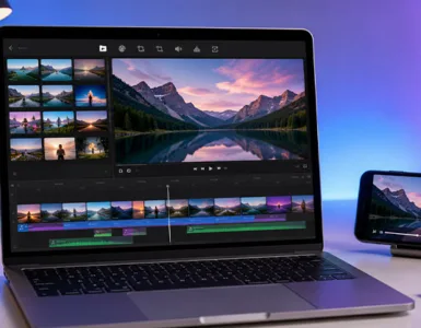 iMovie : image ou photo d'un bureau avec un macbook affichant une interface de montage vidéo inspirée d’iMovie, une timeline visible avec plusieurs séquences colorées, et un iphone posé à côté montrant une vidéo en cours de lecture.