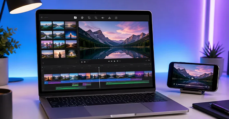 iMovie : image ou photo d'un bureau avec un macbook affichant une interface de montage vidéo inspirée d’iMovie, une timeline visible avec plusieurs séquences colorées, et un iphone posé à côté montrant une vidéo en cours de lecture.