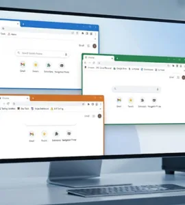 Plusieurs instances Chrome : image ou photo montrant un ordinateur vu de face. Sur l’écran, plusieurs fenêtres Google Chrome sont ouvertes côte à côte. Chaque fenêtre possède une couleur de profil différente et affiche un compte distinct.