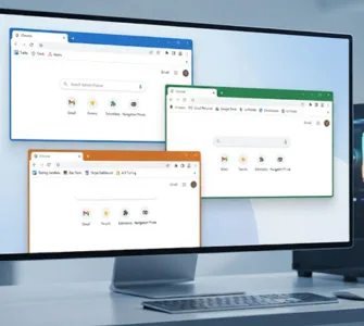 Plusieurs instances Chrome : image ou photo montrant un ordinateur vu de face. Sur l’écran, plusieurs fenêtres Google Chrome sont ouvertes côte à côte. Chaque fenêtre possède une couleur de profil différente et affiche un compte distinct.