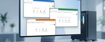 Plusieurs instances Chrome : image ou photo montrant un ordinateur vu de face. Sur l’écran, plusieurs fenêtres Google Chrome sont ouvertes côte à côte. Chaque fenêtre possède une couleur de profil différente et affiche un compte distinct.
