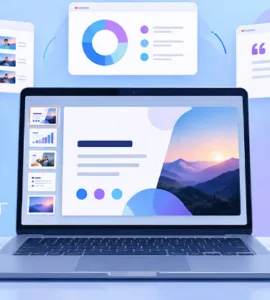 Alternative à PowerPoint : image ou photo d'un ordinateur portable au centre avec une présentation colorée affichée à l’écran. Autour, cinq petites cartes ou fenêtres représentant différents styles de présentation, sans utiliser les logos officiels des logiciels.