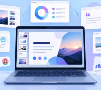 Alternative à PowerPoint : image ou photo d'un ordinateur portable au centre avec une présentation colorée affichée à l’écran. Autour, cinq petites cartes ou fenêtres représentant différents styles de présentation, sans utiliser les logos officiels des logiciels.