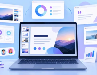 Alternative à PowerPoint : image ou photo d'un ordinateur portable au centre avec une présentation colorée affichée à l’écran. Autour, cinq petites cartes ou fenêtres représentant différents styles de présentation, sans utiliser les logos officiels des logiciels.