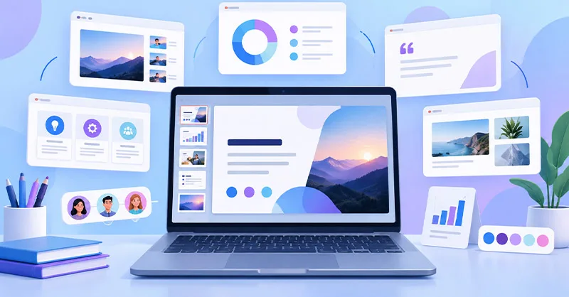 Alternative à PowerPoint : image ou photo d'un ordinateur portable au centre avec une présentation colorée affichée à l’écran. Autour, cinq petites cartes ou fenêtres représentant différents styles de présentation, sans utiliser les logos officiels des logiciels.