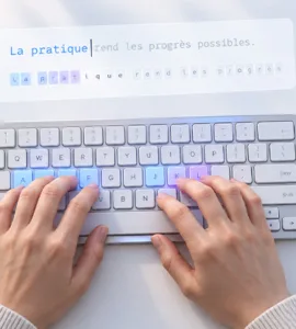 Alternative à Tap'Touche : image ou photo d'un clavier d’ordinateur avec deux mains en train de taper. Quelques touches légèrement éclairées en bleu et violet.