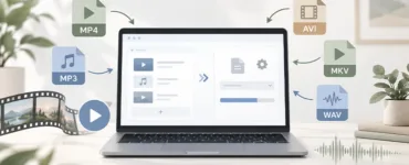 Alternatives à Format Factory : image ou photo d'un ordinateur portable au centre avec une interface de conversion vidéo et audio. Autour de l’écran, icônes MP4, MP3, AVI, MKV et WAV avec des flèches indiquant la conversion.