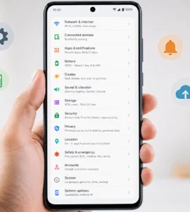 Astuces Android : image ou photo montrant un smartphone Android tenu dans une main, avec un écran clair affichant des éléments liés à Android : réglages, batterie, wifi, notifications.