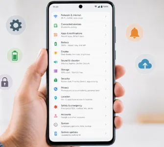Astuces Android : image ou photo montrant un smartphone Android tenu dans une main, avec un écran clair affichant des éléments liés à Android : réglages, batterie, wifi, notifications.