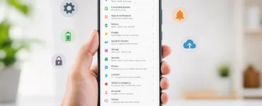 Astuces Android : image ou photo montrant un smartphone Android tenu dans une main, avec un écran clair affichant des éléments liés à Android : réglages, batterie, wifi, notifications.
