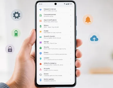 Astuces Android : image ou photo montrant un smartphone Android tenu dans une main, avec un écran clair affichant des éléments liés à Android : réglages, batterie, wifi, notifications.