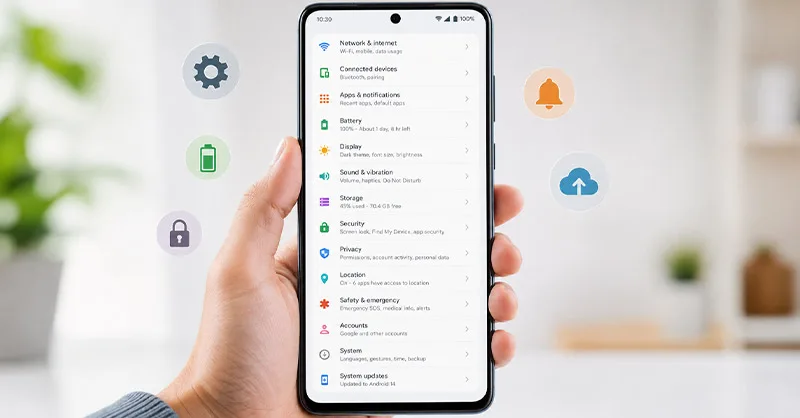 Astuces Android : image ou photo montrant un smartphone Android tenu dans une main, avec un écran clair affichant des éléments liés à Android : réglages, batterie, wifi, notifications.