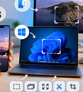 Capture d'écran : image ou photo d'ordinateurs et smartphones affichant des outils de capture d’écran sur Windows, macOS, Android, iPhone et Chromebook.
