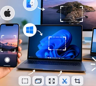 Capture d'écran : image ou photo d'ordinateurs et smartphones affichant des outils de capture d’écran sur Windows, macOS, Android, iPhone et Chromebook.