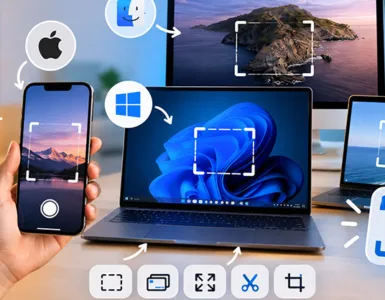 Capture d'écran : image ou photo d'ordinateurs et smartphones affichant des outils de capture d’écran sur Windows, macOS, Android, iPhone et Chromebook.