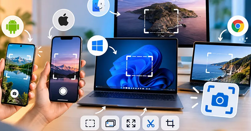 Capture d'écran : image ou photo d'ordinateurs et smartphones affichant des outils de capture d’écran sur Windows, macOS, Android, iPhone et Chromebook.