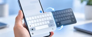 Changer le clavier d'un téléphone : image ou photo d'une main tenant un smartphone avec deux claviers virtuels superposés et des flèches symbolisant le changement de clavier sur téléphone.