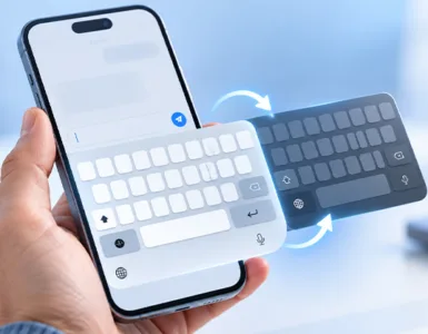 Changer le clavier d'un téléphone : image ou photo d'une main tenant un smartphone avec deux claviers virtuels superposés et des flèches symbolisant le changement de clavier sur téléphone.