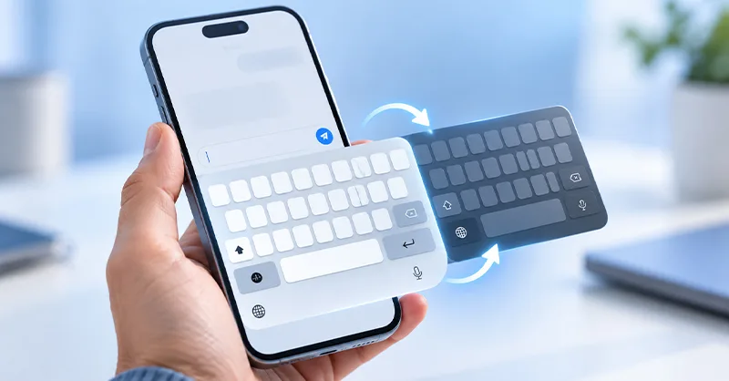 Changer le clavier d'un téléphone : image ou photo d'une main tenant un smartphone avec deux claviers virtuels superposés et des flèches symbolisant le changement de clavier sur téléphone.