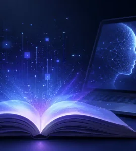 Créer un e-book gratuitement : image ou photo d'un e-book ouvert avec une lumière bleue et violette qui s’en dégage, un ordinateur portable en arrière-plan, des éléments subtils de circuits électroniques et d’intelligence artificielle.