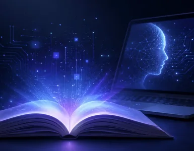 Créer un e-book gratuitement : image ou photo d'un e-book ouvert avec une lumière bleue et violette qui s’en dégage, un ordinateur portable en arrière-plan, des éléments subtils de circuits électroniques et d’intelligence artificielle.