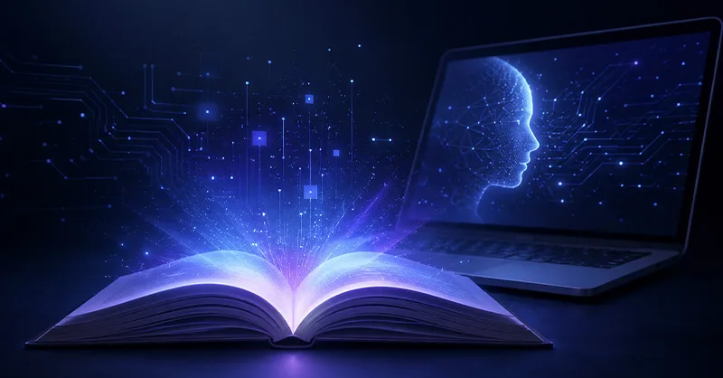Créer un e-book gratuitement : image ou photo d'un e-book ouvert avec une lumière bleue et violette qui s’en dégage, un ordinateur portable en arrière-plan, des éléments subtils de circuits électroniques et d’intelligence artificielle.