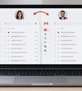 Deux comptes Gmail : image ou photo d'un ordinateur portable sur un bureau clair, écran partagé montrant deux boîtes de messagerie différentes inspirées de Gmail, un compte personnel et un compte professionnel, deux profils utilisateurs distincts, petites flèches indiquant le passage d’un compte à l’autre.