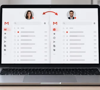 Deux comptes Gmail : image ou photo d'un ordinateur portable sur un bureau clair, écran partagé montrant deux boîtes de messagerie différentes inspirées de Gmail, un compte personnel et un compte professionnel, deux profils utilisateurs distincts, petites flèches indiquant le passage d’un compte à l’autre.