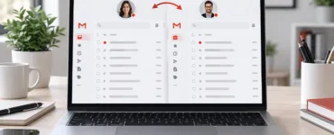 Deux comptes Gmail : image ou photo d'un ordinateur portable sur un bureau clair, écran partagé montrant deux boîtes de messagerie différentes inspirées de Gmail, un compte personnel et un compte professionnel, deux profils utilisateurs distincts, petites flèches indiquant le passage d’un compte à l’autre.