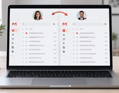 Deux comptes Gmail : image ou photo d'un ordinateur portable sur un bureau clair, écran partagé montrant deux boîtes de messagerie différentes inspirées de Gmail, un compte personnel et un compte professionnel, deux profils utilisateurs distincts, petites flèches indiquant le passage d’un compte à l’autre.
