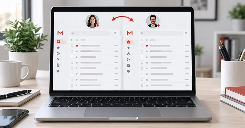 Deux comptes Gmail : image ou photo d'un ordinateur portable sur un bureau clair, écran partagé montrant deux boîtes de messagerie différentes inspirées de Gmail, un compte personnel et un compte professionnel, deux profils utilisateurs distincts, petites flèches indiquant le passage d’un compte à l’autre.