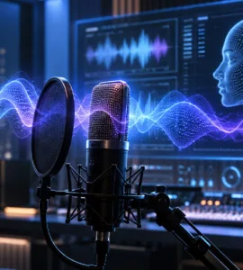 ElevenLabs : image ou photo d'une silhouette d'une personne face à un microphone, avec des ondes sonores lumineuses qui sortent de la bouche. En arrière-plan, ajoute une interface futuriste avec des formes d’onde audio, quelques éléments numériques et une ambiance bleu-violet.