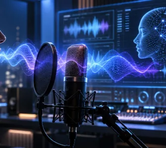 ElevenLabs : image ou photo d'une silhouette d'une personne face à un microphone, avec des ondes sonores lumineuses qui sortent de la bouche. En arrière-plan, ajoute une interface futuriste avec des formes d’onde audio, quelques éléments numériques et une ambiance bleu-violet.