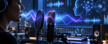 ElevenLabs : image ou photo d'une silhouette d'une personne face à un microphone, avec des ondes sonores lumineuses qui sortent de la bouche. En arrière-plan, ajoute une interface futuriste avec des formes d’onde audio, quelques éléments numériques et une ambiance bleu-violet.