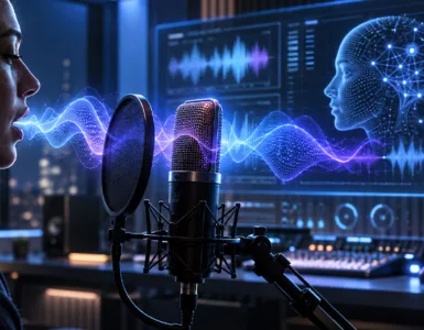 ElevenLabs : image ou photo d'une silhouette d'une personne face à un microphone, avec des ondes sonores lumineuses qui sortent de la bouche. En arrière-plan, ajoute une interface futuriste avec des formes d’onde audio, quelques éléments numériques et une ambiance bleu-violet.