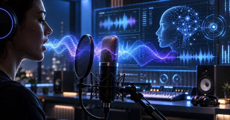 ElevenLabs : image ou photo d'une silhouette d'une personne face à un microphone, avec des ondes sonores lumineuses qui sortent de la bouche. En arrière-plan, ajoute une interface futuriste avec des formes d’onde audio, quelques éléments numériques et une ambiance bleu-violet.