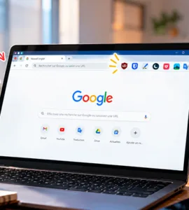Extensions Chrome : image ou photo d'un ordinateur portable posé sur un bureau, avec Google Chrome ouvert à l’écran. Autour de l’ordinateur, représentant les extensions présentées dans l’article : uBlock Origin Lite, Bitwarden, LanguageTool, Dark Reader, Todoist, Momentum et Google Translate. Ajouter de petites flèches colorées reliant les cartes au navigateur afin de donner une impression dynamique.