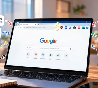 Extensions Chrome : image ou photo d'un ordinateur portable posé sur un bureau, avec Google Chrome ouvert à l’écran. Autour de l’ordinateur, représentant les extensions présentées dans l’article : uBlock Origin Lite, Bitwarden, LanguageTool, Dark Reader, Todoist, Momentum et Google Translate. Ajouter de petites flèches colorées reliant les cartes au navigateur afin de donner une impression dynamique.