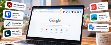 Extensions Chrome : image ou photo d'un ordinateur portable posé sur un bureau, avec Google Chrome ouvert à l’écran. Autour de l’ordinateur, représentant les extensions présentées dans l’article : uBlock Origin Lite, Bitwarden, LanguageTool, Dark Reader, Todoist, Momentum et Google Translate. Ajouter de petites flèches colorées reliant les cartes au navigateur afin de donner une impression dynamique.