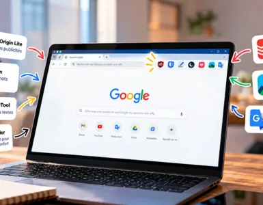 Extensions Chrome : image ou photo d'un ordinateur portable posé sur un bureau, avec Google Chrome ouvert à l’écran. Autour de l’ordinateur, représentant les extensions présentées dans l’article : uBlock Origin Lite, Bitwarden, LanguageTool, Dark Reader, Todoist, Momentum et Google Translate. Ajouter de petites flèches colorées reliant les cartes au navigateur afin de donner une impression dynamique.