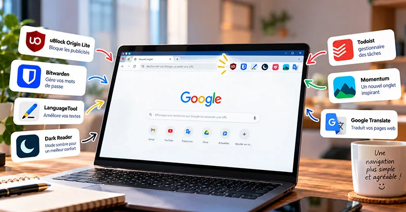 Extensions Chrome : image ou photo d'un ordinateur portable posé sur un bureau, avec Google Chrome ouvert à l’écran. Autour de l’ordinateur, représentant les extensions présentées dans l’article : uBlock Origin Lite, Bitwarden, LanguageTool, Dark Reader, Todoist, Momentum et Google Translate. Ajouter de petites flèches colorées reliant les cartes au navigateur afin de donner une impression dynamique.