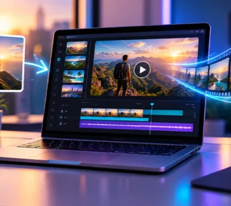 Hailuo AI : image ou photo d'un ordinateur portable affichant une interface futuriste de création vidéo, une image se transformant en vidéo.