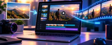 Hailuo AI : image ou photo d'un ordinateur portable affichant une interface futuriste de création vidéo, une image se transformant en vidéo.