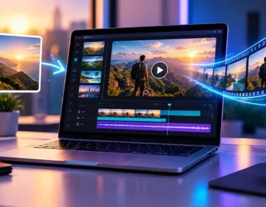 Hailuo AI : image ou photo d'un ordinateur portable affichant une interface futuriste de création vidéo, une image se transformant en vidéo.