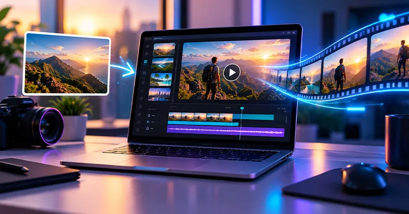 Hailuo AI : image ou photo d'un ordinateur portable affichant une interface futuriste de création vidéo, une image se transformant en vidéo.