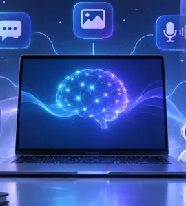 Outils d'intelligence artificielle : image ou photo d'un ordinateur portable au centre, entouré de petites icônes représentant plusieurs usages de l’intelligence artificielle : bulle de discussion, image, micro, document, recherche et automatisation.
