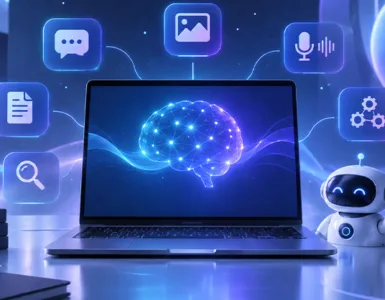 Outils d'intelligence artificielle : image ou photo d'un ordinateur portable au centre, entouré de petites icônes représentant plusieurs usages de l’intelligence artificielle : bulle de discussion, image, micro, document, recherche et automatisation.