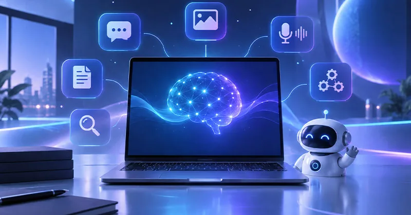 Outils d'intelligence artificielle : image ou photo d'un ordinateur portable au centre, entouré de petites icônes représentant plusieurs usages de l’intelligence artificielle : bulle de discussion, image, micro, document, recherche et automatisation.