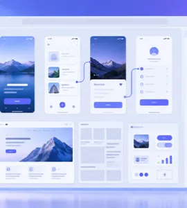 Penpot : image ou photo d'une interface moderne affichée dans un navigateur, avec plusieurs maquettes d’écrans, des boutons, des cartes UI et des composants bien alignés.