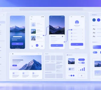 Penpot : image ou photo d'une interface moderne affichée dans un navigateur, avec plusieurs maquettes d’écrans, des boutons, des cartes UI et des composants bien alignés.